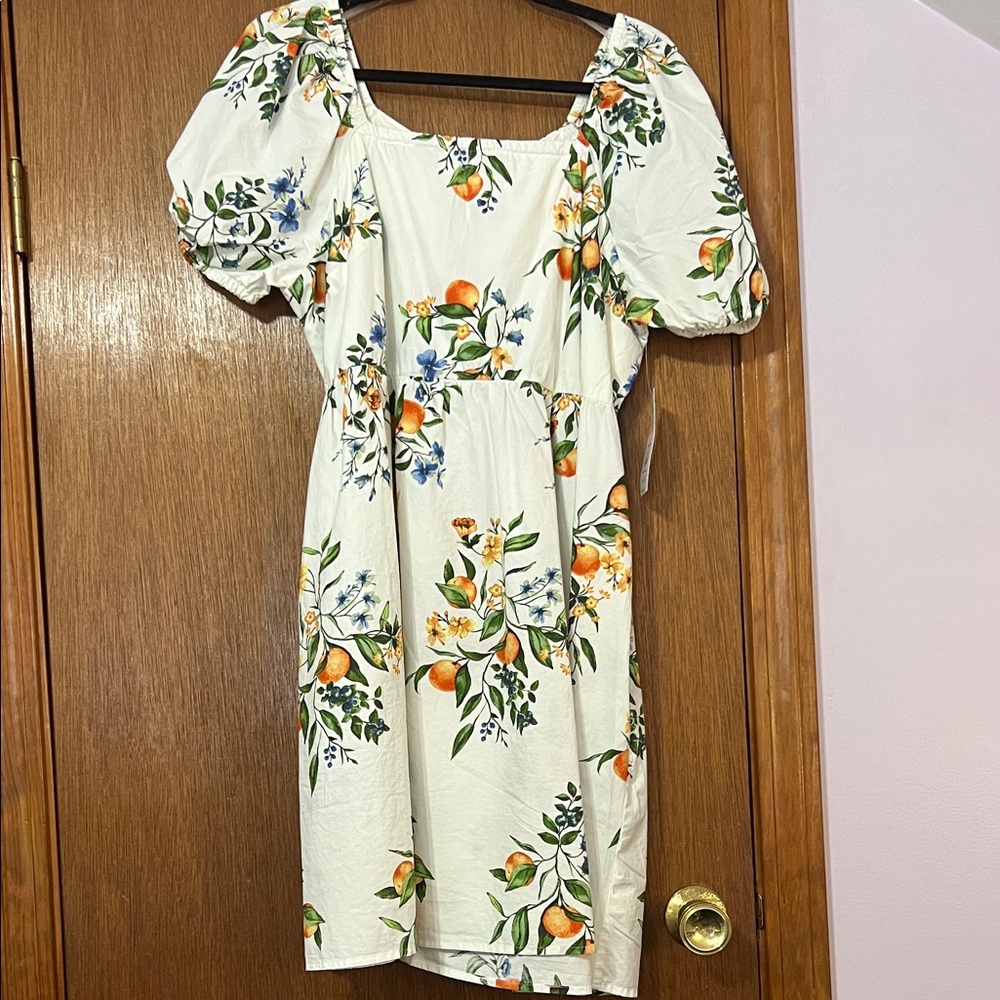 NWT Time and Tru Orange and Flower Square Neck Line Dress Size L WITH POCKETS